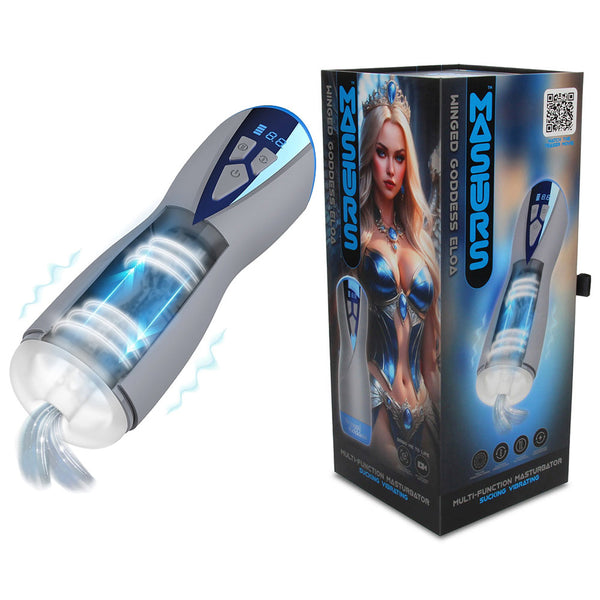 MASTURS Eloa Auto Stroker, silver and blue stroker beside its Winged Goddess Eloa display box