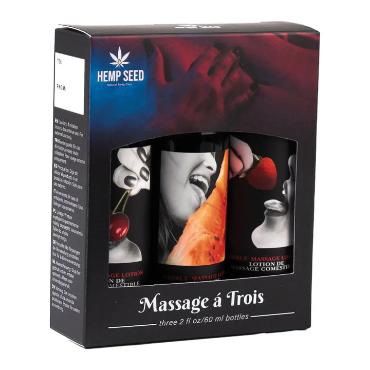 Hemp Seed Massage a Trois box, angled view showing the To and From gift panel