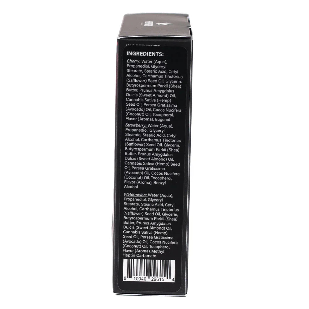 Hemp Seed Massage a Trois box side panel listing the three flavour ingredients