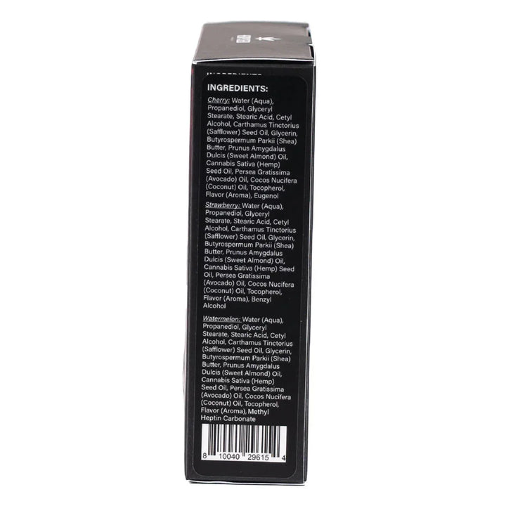 Hemp Seed Massage a Trois box side panel listing the three flavour ingredients