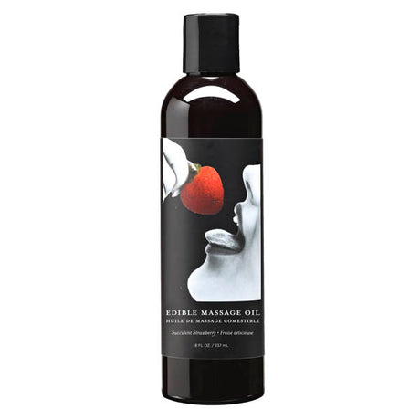 A black bottle of Edible Massage Oil, labeled with a mouth reaching for a strawberry, displays Succulent Strawberry. This vegan-friendly blend comes in an 8 oz (237 ml) size and is sealed with a black cap.