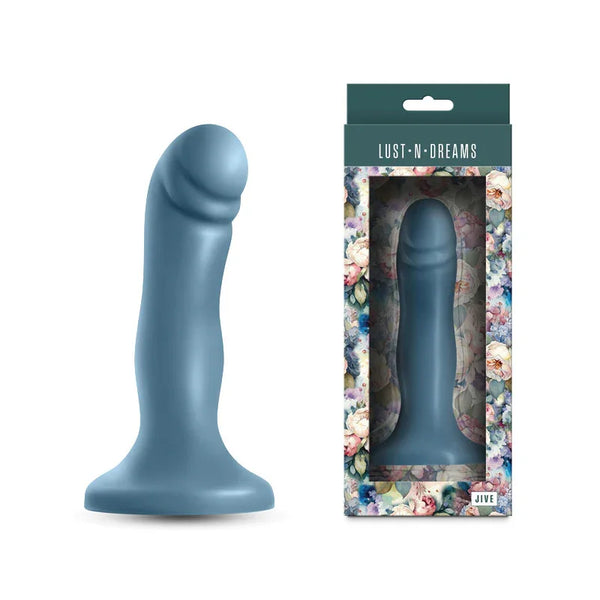 Lust-n-Dreams Jive dildo in Ocean Blue, suction base, beside its floral retail box
