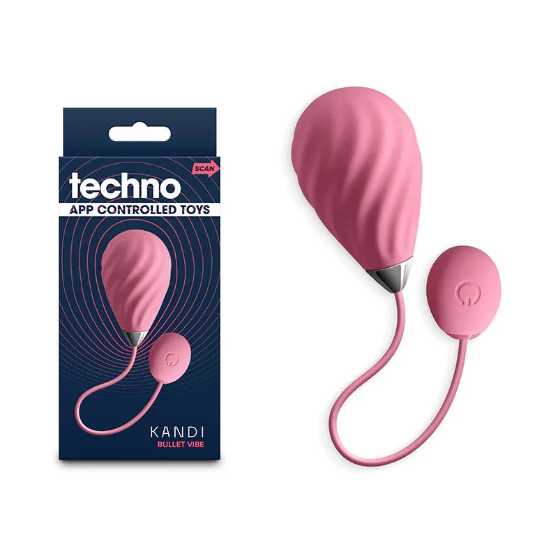Techno Kandi vibrating egg in Pink with cord and remote fob, beside its techno box