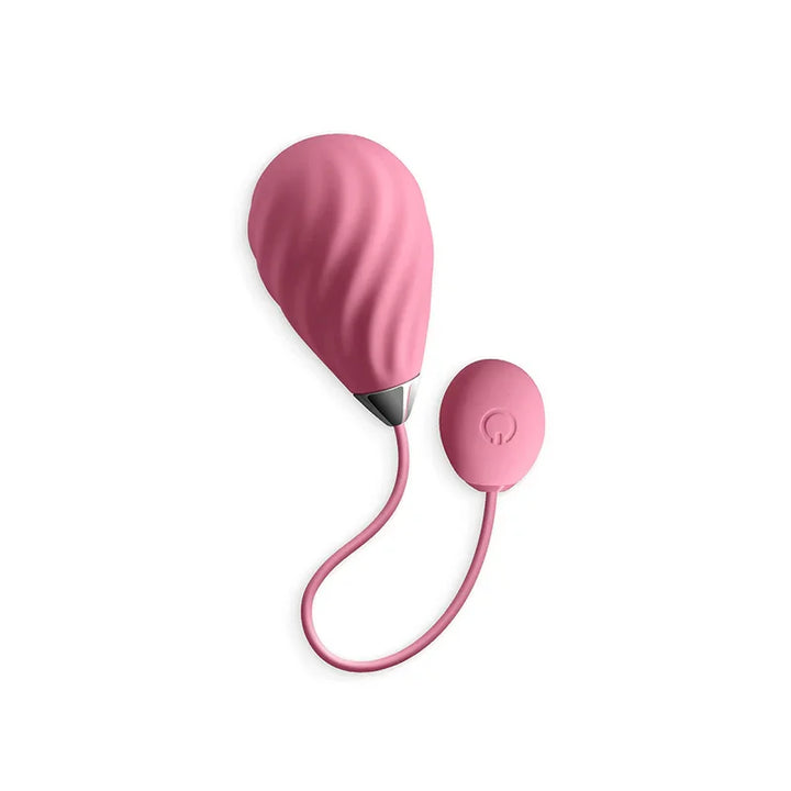Techno Kandi vibrating egg in Pink with its remote fob on white, no packaging