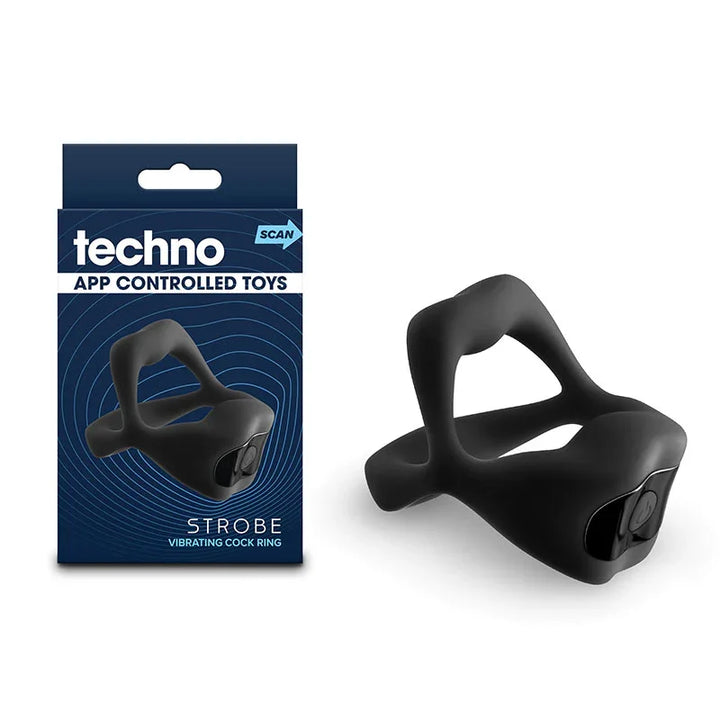 Techno Strobe vibrating cock ring in Black, dual-loop design beside its techno box