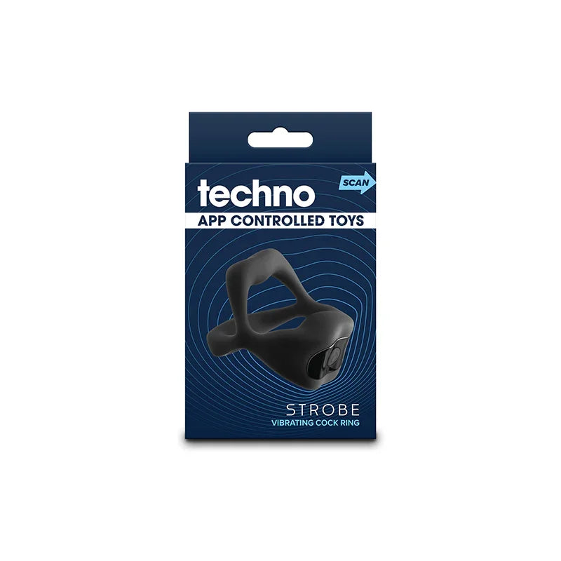 Techno Strobe retail box front, navy pack picturing the black cock ring