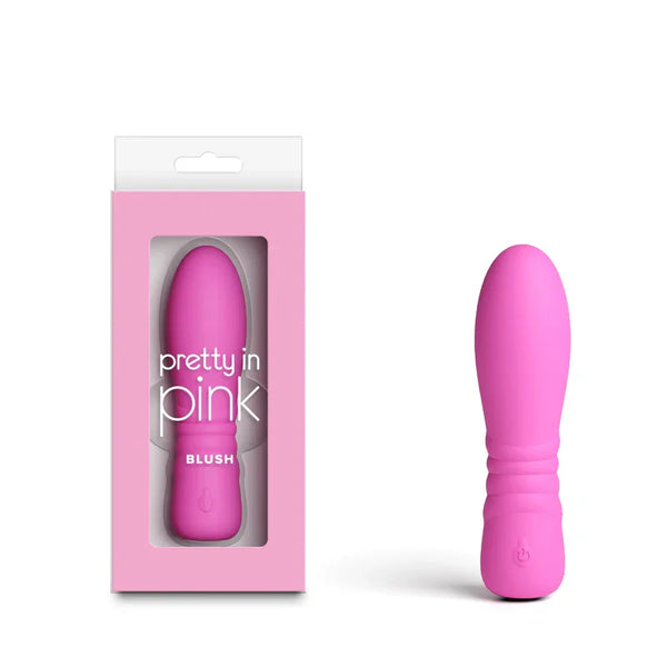 Pretty in Pink Blush rechargeable vibrator in Pink, ridged tip, beside its pink box