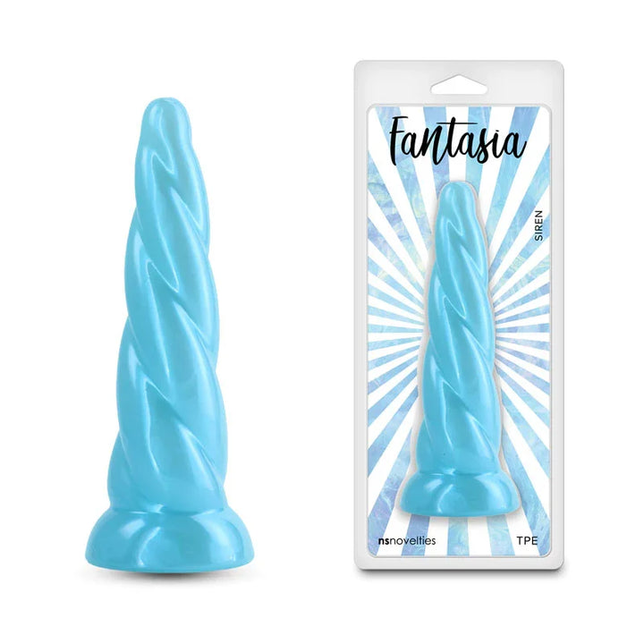 Fantasia Siren 19 cm dildo in Turquoise, spiral shaft beside its blister pack