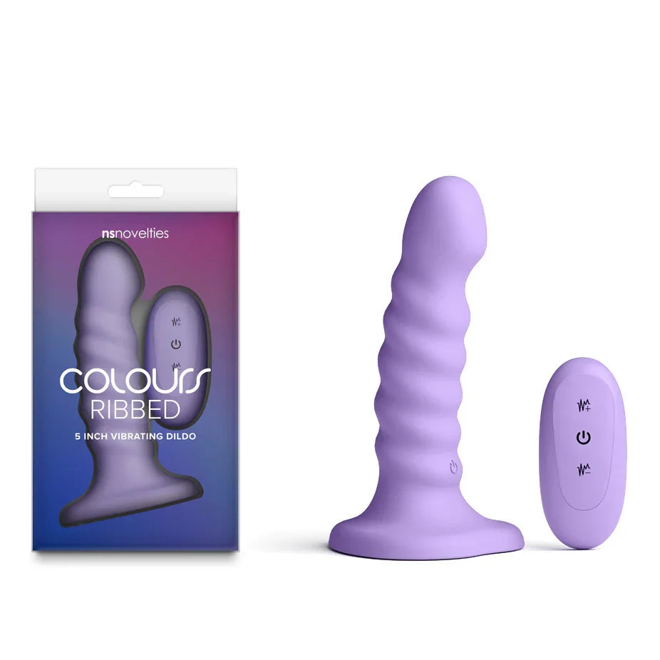 Colours Ribbed 5 inch vibrating dildo in Purple with its remote, beside the retail box