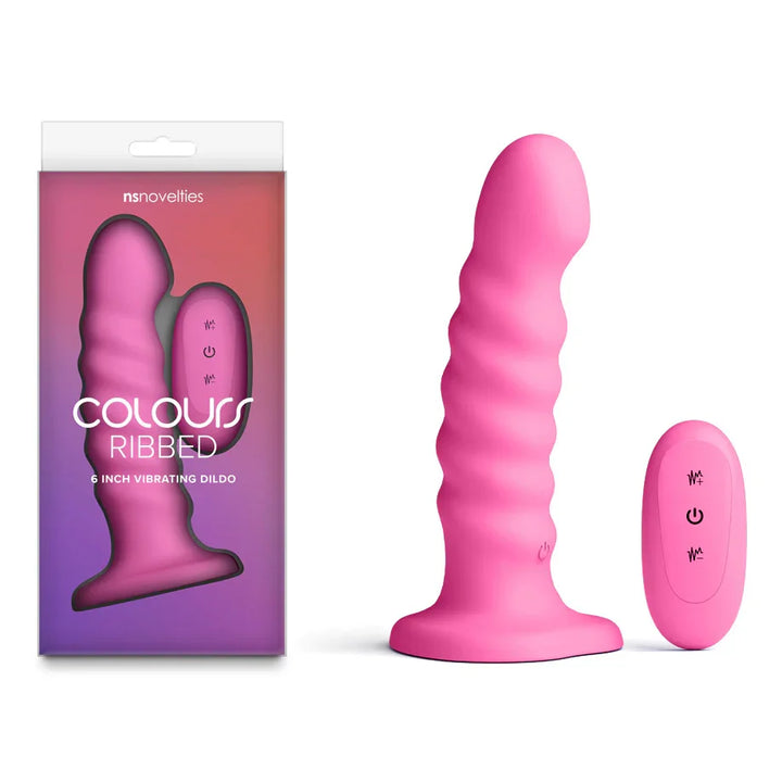 Colours Ribbed 6 inch vibrating dildo in Pink with its remote, beside the retail box
