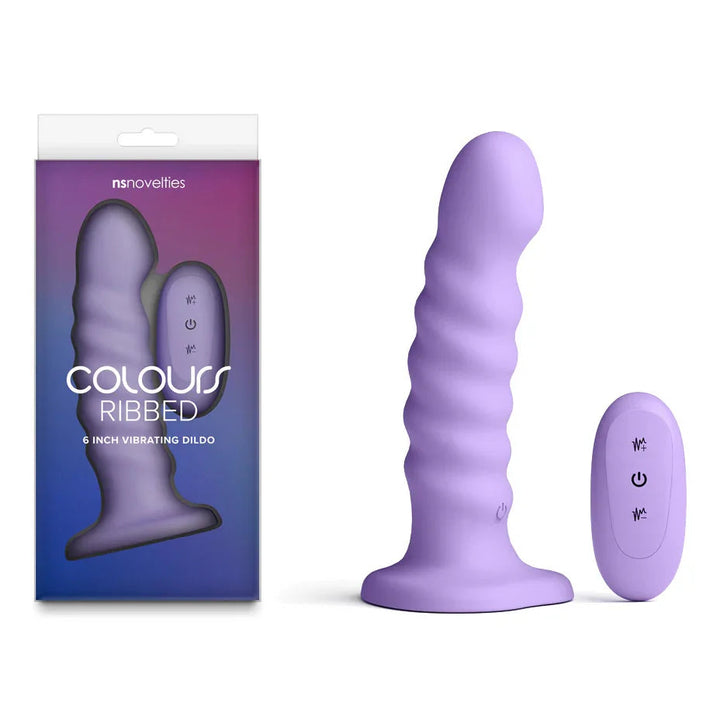 Colours Ribbed 6 inch vibrating dildo in Purple with its remote, beside the retail box