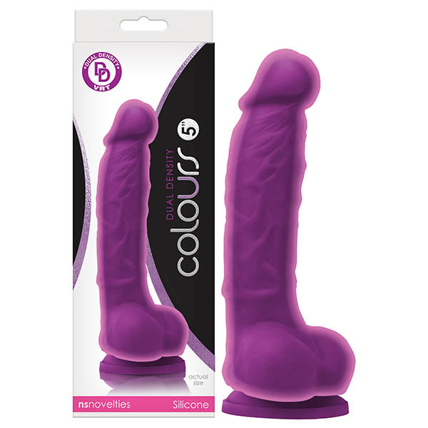 Colours Dual Density 12.7 cm dong in Purple, upright beside its retail box
