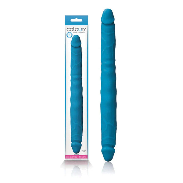 Colours Double Pleasures 12 inch double dong in Blue, full length beside its retail box