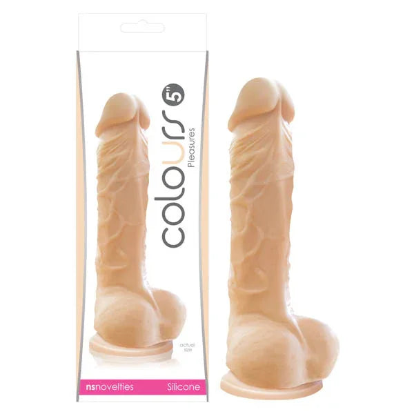 Colours Pleasures 12.7 cm dong in Flesh, veined shaft with balls, beside its retail box