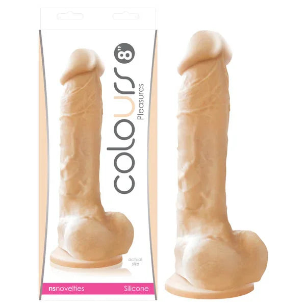Colours Pleasures 8 inch realistic dong in Flesh, veined shaft with balls, beside its box
