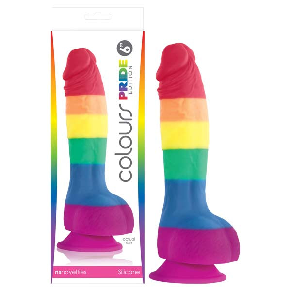Colours Pride Edition 15.2 cm dong in rainbow stripes, beside its retail box