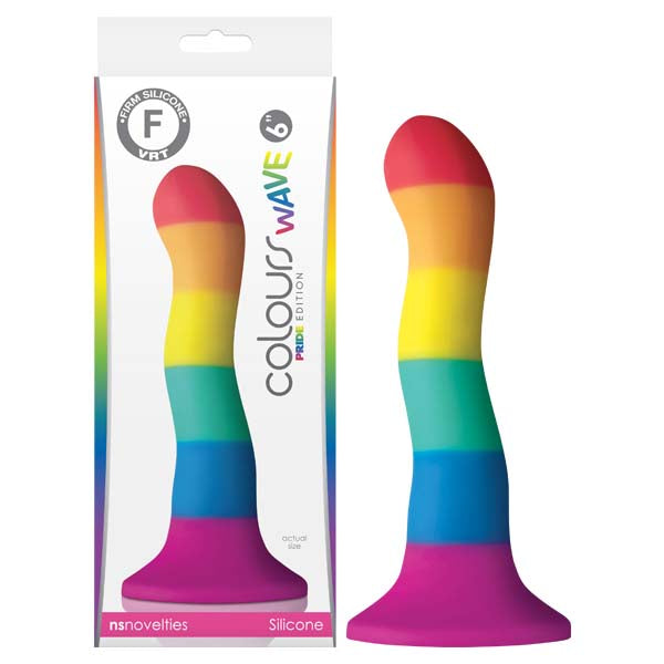 Colours Pride Edition Wave 15.2 cm curved dong in rainbow stripes, beside its retail box