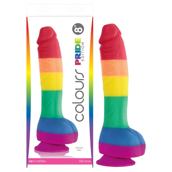 Colours Pride Edition 20.3 cm dong in rainbow stripes, suction base, beside its retail box
