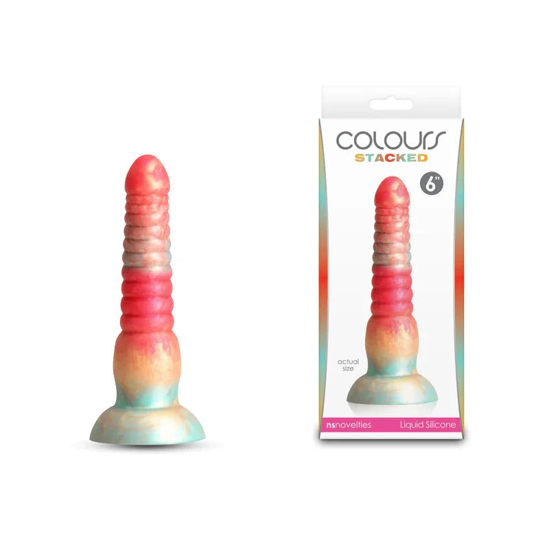 Colours Stacked 6 inch fantasy dildo in marbled red, gold and teal, beside its retail box