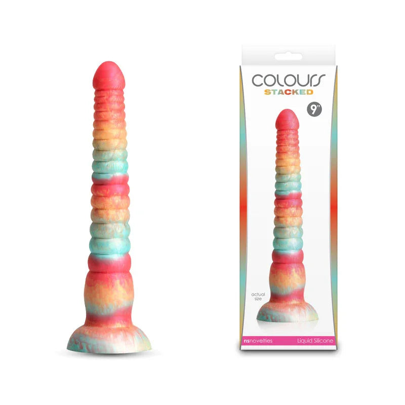 Colours Stacked 9 inch fantasy dildo in marbled red, gold and teal, beside its retail box