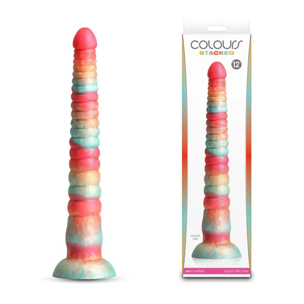 Colours Stacked 12 inch fantasy dildo in marbled red, gold and teal, beside its retail box