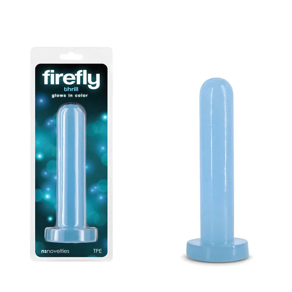 Firefly Thrill small glow dildo in Blue, smooth shaft with flat base beside its pack