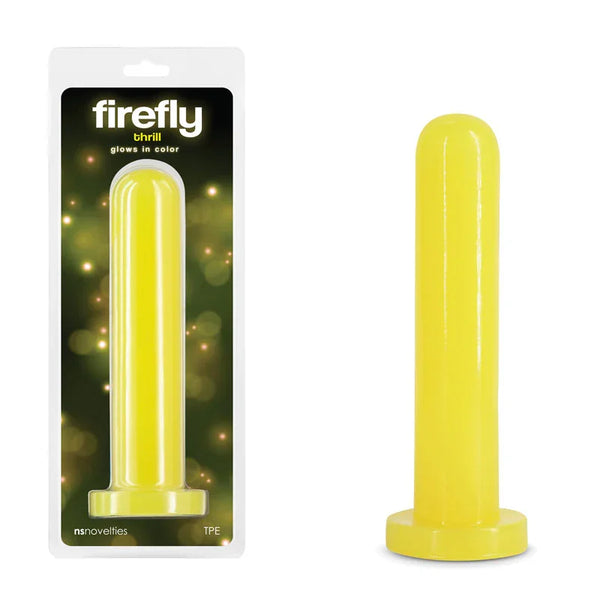 Firefly Thrill large glow dildo in Yellow, smooth shaft with flat base beside its pack