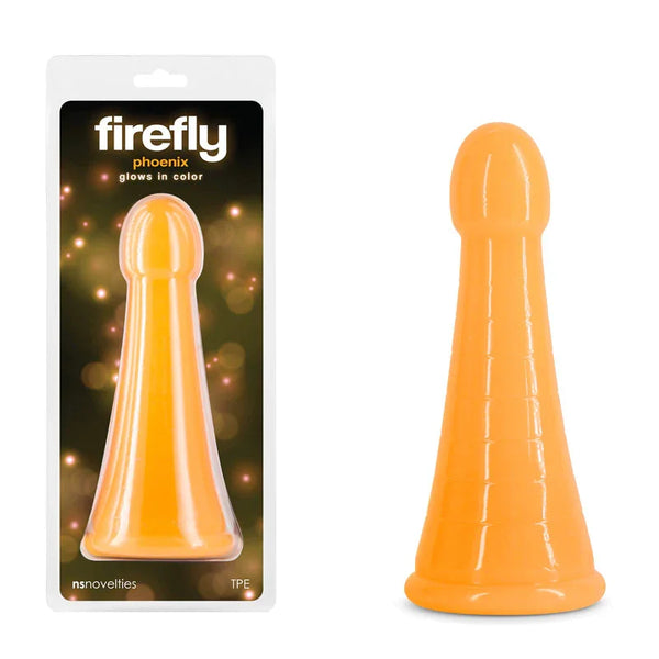 Firefly Phoenix glow dildo in Orange, tapered shaft beside its firefly blister pack