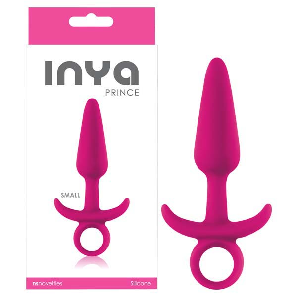 INYA Prince small butt plug in Pink, ring-pull base, standing beside its INYA box