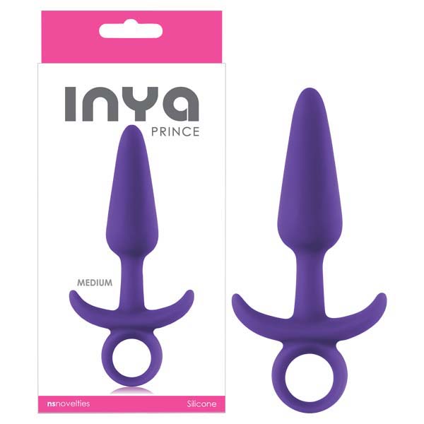 INYA Prince medium butt plug in Purple, ring-pull base, standing beside its INYA box
