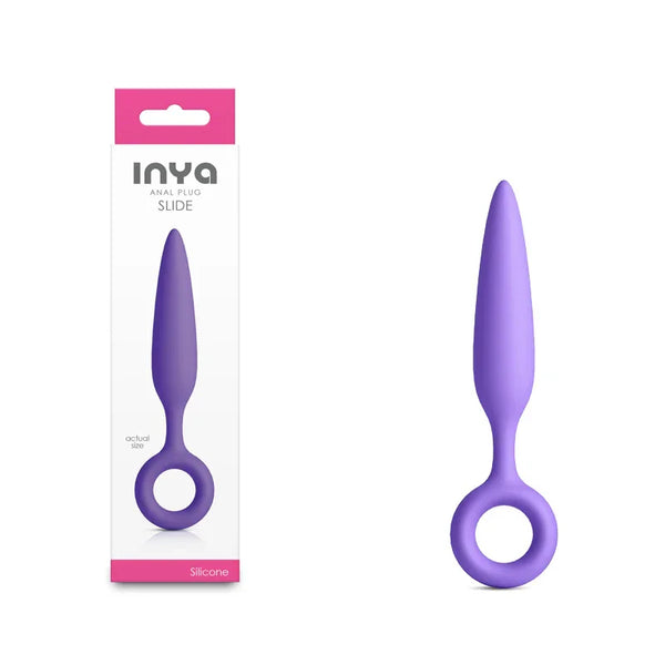INYA Slide anal plug in Purple, smooth tapered plug with ring pull beside its INYA box