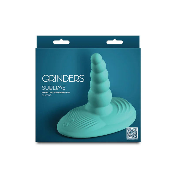 Grinders Sublime vibrating grinding pad in Aqua, ridged plug, pictured on its teal box