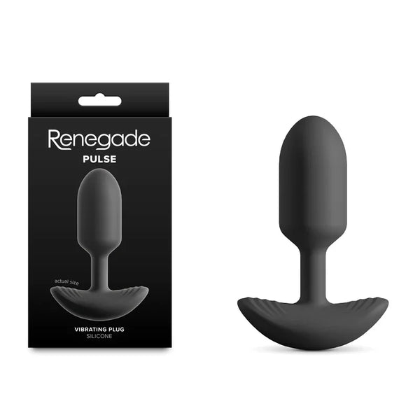 Renegade Pulse vibrating butt plug in Black, curved saddle base, beside its box