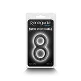 The Renegade Twofold by nsnovelties is an innovative black cock and balls silicone ring designed to prolong pleasure. Shaped like the number eight, it comes in a clear plastic and white cardboard package against a black background and works with lubricants for enhanced comfort.