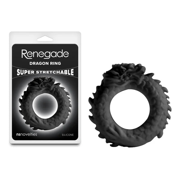 Renegade Dragon cock ring in Black, heavily textured silicone ring beside its pack