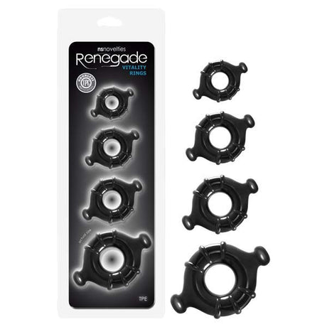 The Renegade Vitality Rings features four black TPE cock rings displayed vertically with unique designs, central circles, and raised edges. The packaging showcases the rings in staged positions with branding and product details visible.
