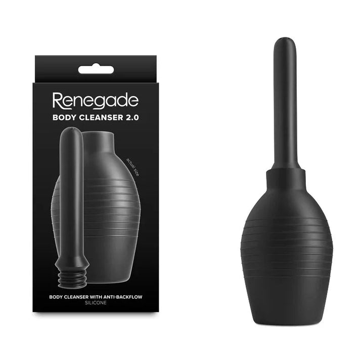 Renegade Body Cleanser 2.0 douche in Black, ribbed bulb with nozzle beside its black box