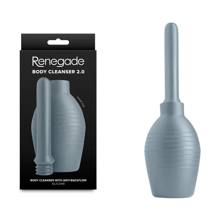 Renegade Body Cleanser 2.0 douche in Grey, ribbed bulb with nozzle beside its black box
