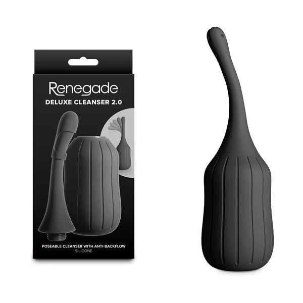 Renegade Deluxe Cleanser 2.0 douche in Black, ribbed bulb beside its Renegade box