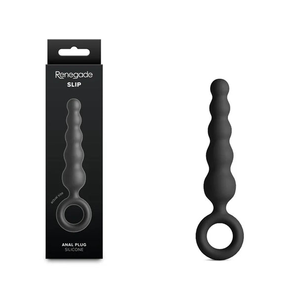 Renegade Slip anal plug in Black, beaded shaft with ring pull, beside its box