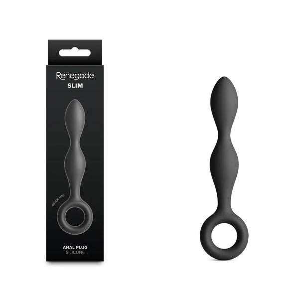 Renegade Slim anal plug in Black, slim contoured shaft with ring pull, beside its box