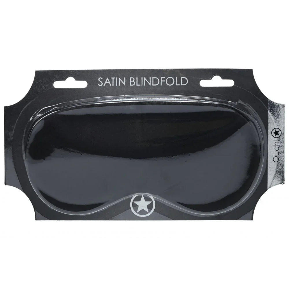 OUCH! Satin Blindfold Eye Mask in Black, black satin mask sealed on its black backing card
