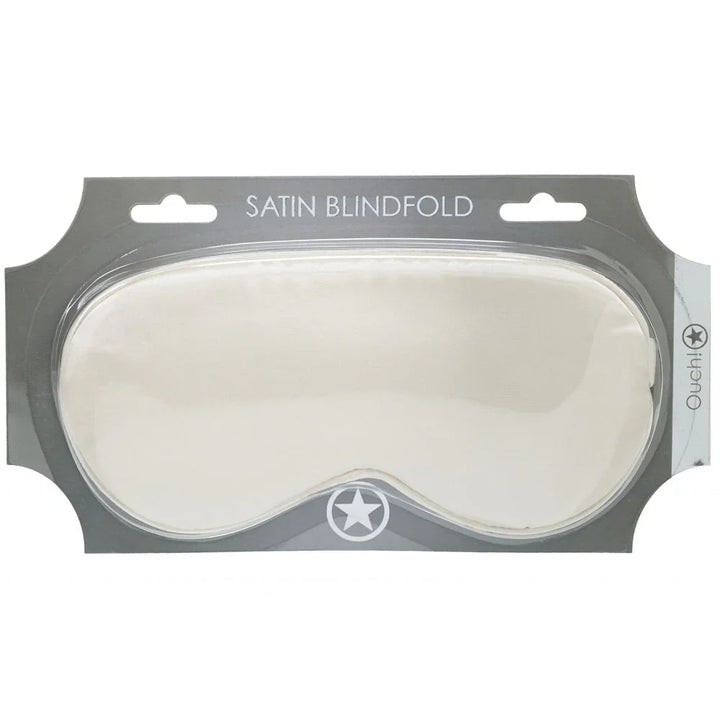 OUCH! Satin Blindfold Eye Mask in Gold, champagne satin mask sealed on its grey backing card