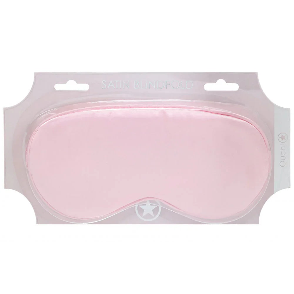 OUCH! Satin Blindfold Eye Mask in Powder Pink, pale pink satin mask sealed on its white card