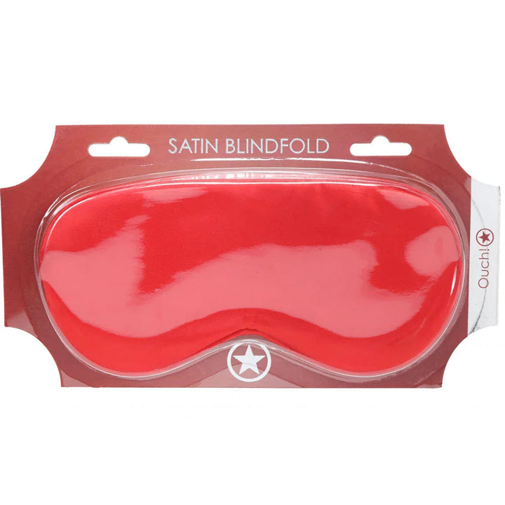 OUCH! Satin Blindfold Eye Mask in Red, red satin mask sealed on its red backing card