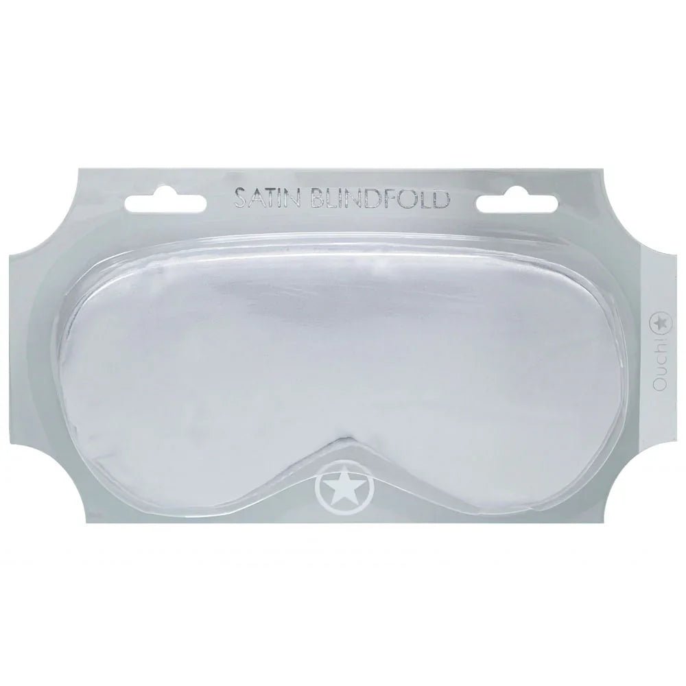 OUCH! Satin Blindfold Eye Mask in Silver, pale silver satin mask sealed on its grey card