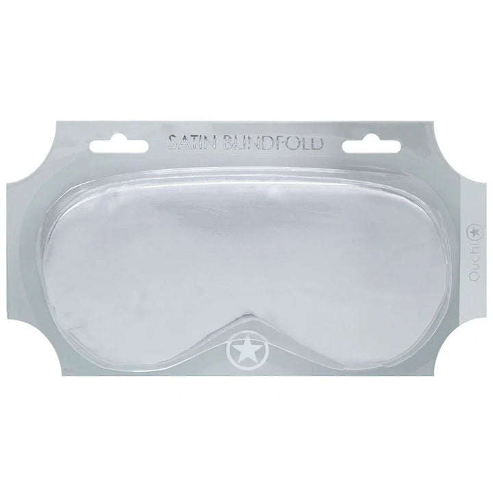 OUCH! Satin Blindfold Eye Mask in Silver, pale silver satin mask sealed on its grey card