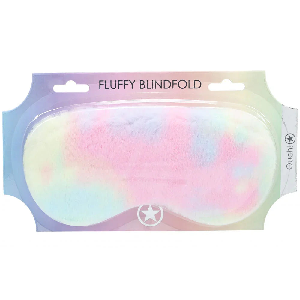 OUCH! Fluffy Blindfold Eye Mask in Multicolour 1, pastel tie-dye plush mask on a pale rainbow card