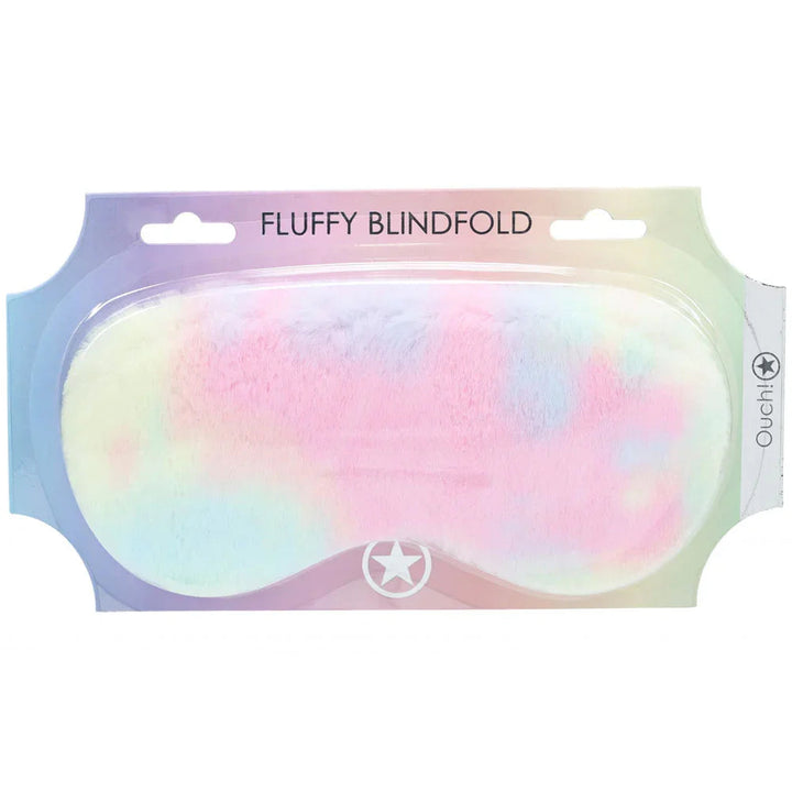 OUCH! Fluffy Blindfold Eye Mask in Multicolour 1, pastel tie-dye plush mask on a pale rainbow card