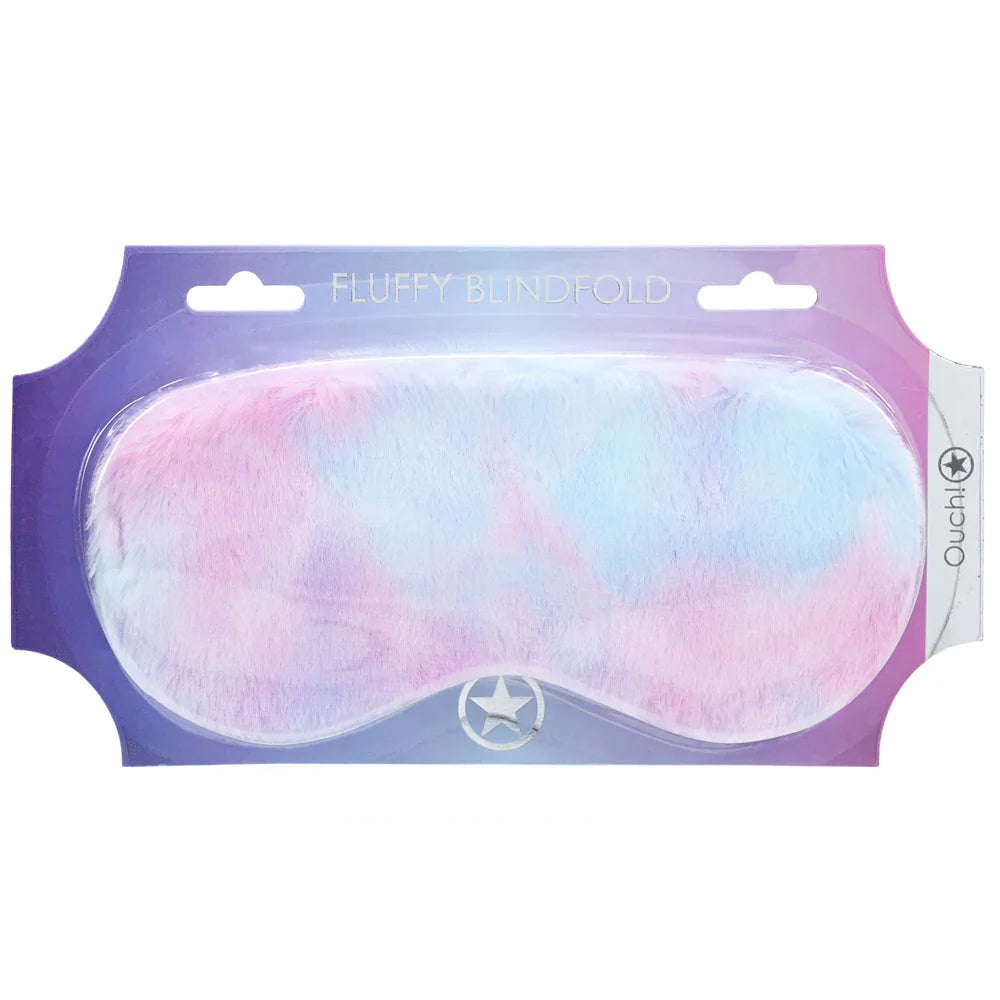 OUCH! Fluffy Blindfold Eye Mask in Multicolour 2, pink and blue tie-dye plush mask on a purple card